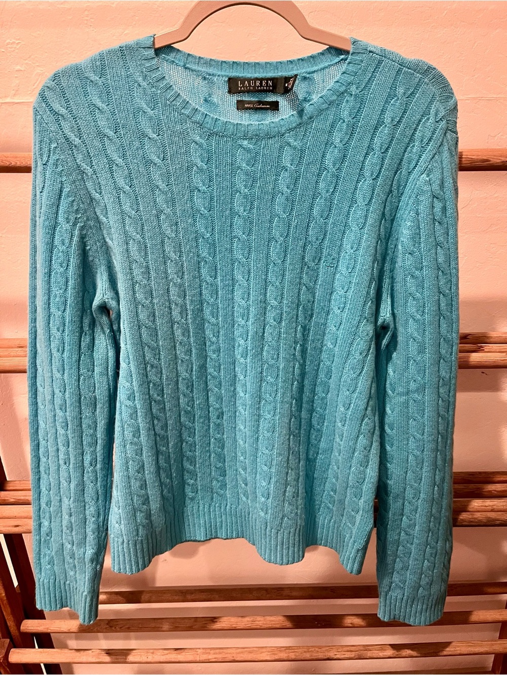 Lauren Ralph Lauren Aqua 100% Cashmere Cable Knit Crewneck Sweater